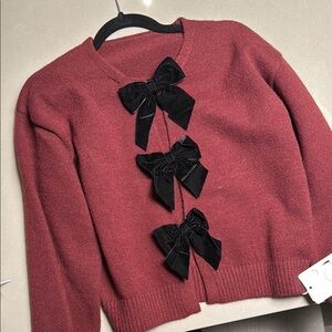 Red Cardigan with Black Bow Accents